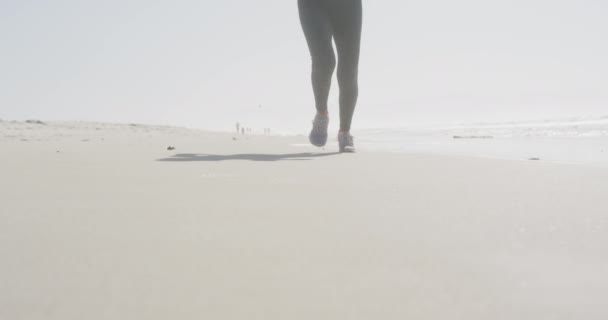 晴れた日にはビーチで自由な時間を楽しむ白人女性のフロントビューの低セクション スローモーションでジョギング — ストック動画