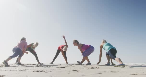 Vista Frontal Grupo Amigas Caucasianas Desfrutando Tempo Livre Uma Praia — Vídeo de Stock