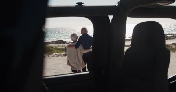 Vue Arrière Couple Personnes Âgées Race Blanche Sur Plage Soleil — Video