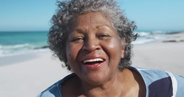 青い空と海を背景にカメラを見てスローモーションで微笑むアフリカ系アメリカ人女性の姿 — ストック動画
