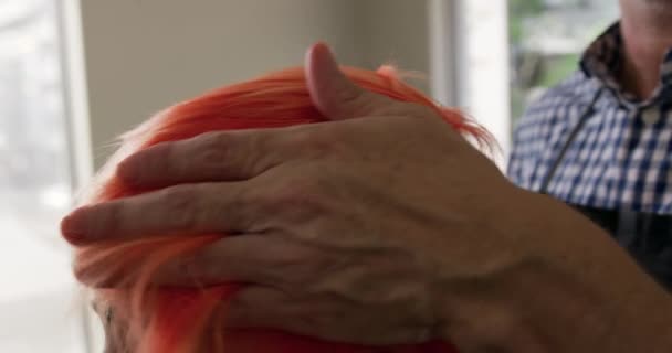 替代凉爽发廊 在美发厅工作的一名白人男性美发师 慢动作地抚摸和模仿一名白人女性客户的红头发的侧视图 — 图库视频影像
