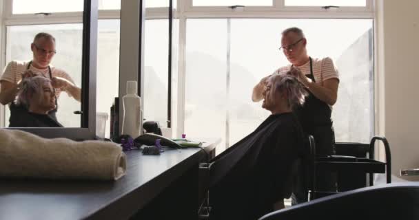 替代凉爽发廊 白人男性美发师在美发厅工作 拿着刷子 慢动作地给白人女性客户染发的侧视图 — 图库视频影像