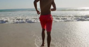 Güneşli bir plajda denize koşan genç bir melez adamın arka görüntüsü.
