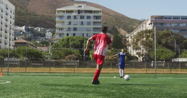 チームストリップを身に着けている2人の混合レースの男性サッカー選手の背面ビュー 太陽の下でスポーツフィールドでトレーニング スローモーションでボールを蹴り — ストック動画