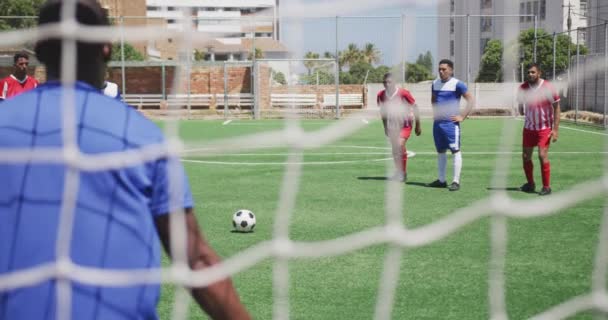 Vista Frontal Grupo Multiétnico Jugadores Fútbol Masculino Que Usan Una — Vídeo de stock