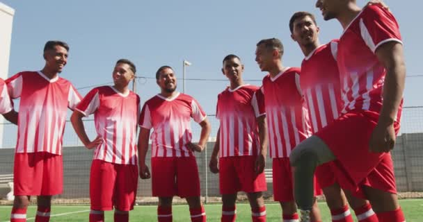 Boční Pohled Multietnickou Skupinu Fotbalistů Kteří Mají Sobě Týmový Proužek — Stock video