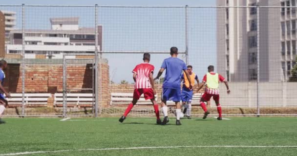 Frontansicht Zweier Multiethnischer Mannschaften Von Männlichen Fußballspielern Die Einen Mannschaftsstreifen — Stockvideo