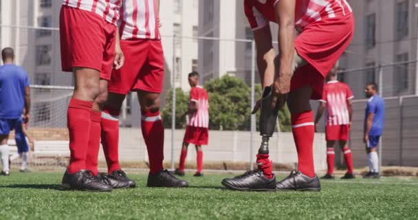 Boční Pohled Střední Část Multi Etnické Skupiny Mužských Fotbalistů Pásu — Stock video