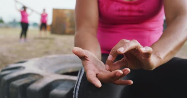 Вид Спереди Измученную Женщину Смешанной Расы Розовой Футболке Сидящую Шине — стоковое видео