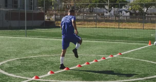 男子混合足球运动员穿着队服 在阳光下的运动场上训练 慢动作地跑和跳的后视镜 — 图库视频影像