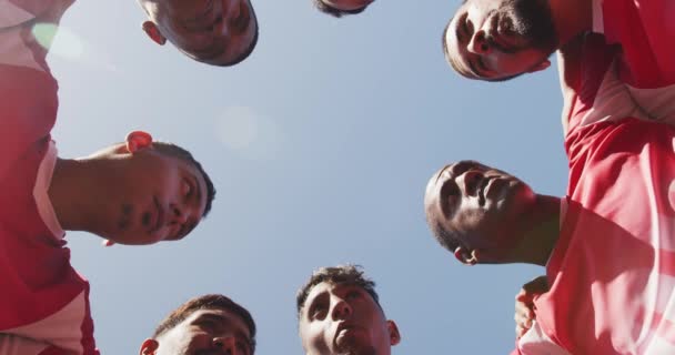 Niski Kąt Widzenia Wieloetnicznej Grupy Męskich Piłkarzy Noszących Pasek Drużynowy — Wideo stockowe