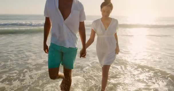 一对年轻的混血儿在海边享受着在阳光明媚的海滩上散步的闲暇时光 — 图库视频影像