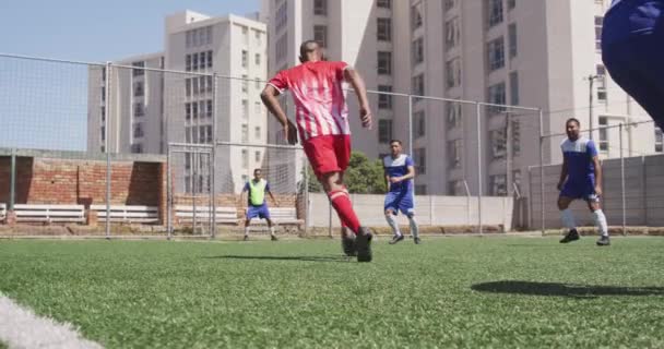 Visão Traseira Duas Equipes Multi Étnicas Jogadores Futebol Masculino Vestindo — Vídeo de Stock