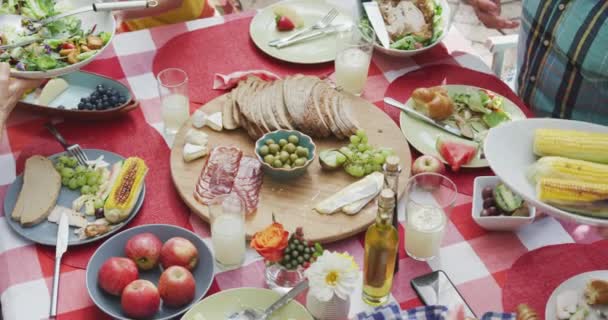 在阳光灿烂 动作缓慢的日子里 一个白人家庭坐在餐桌旁 享受着在一起的时光 相互传递着食物的高角镜 — 图库视频影像