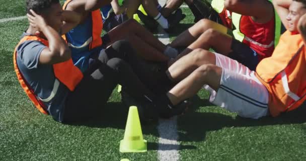 スポーツウェアと色のビブを身に着けている男性サッカー選手の多民族グループの側面図 太陽の下でスポーツフィールドでの訓練 行の上に座る スローモーションで — ストック動画