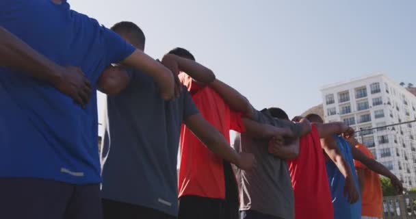 Lage Hoek Achteraanzicht Van Een Multi Etnische Groep Mannelijke Voetballers — Stockvideo
