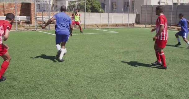 多种族男性足球运动员穿着队服 在阳光下的运动场上训练 慢动作 — 图库视频影像