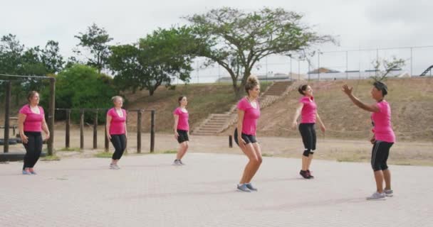 ピンクのTシャツを着て競技女子コーチのやる気を起こさせる混合レース女子コーチとジャンプジャックをしてスローモーションで — ストック動画