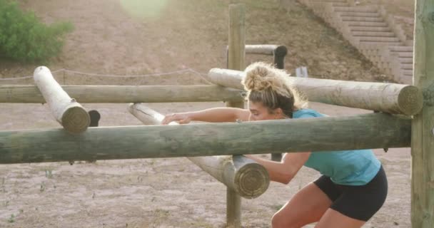 ブートキャンプで運動を楽しんでいる白人女性の側面図 太陽の光に照らされた登山フレーム上の木製のポストの上に登ると スローモーションで — ストック動画