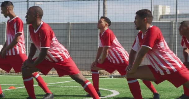 Vista Frontal Grupo Multi Étnico Jogadores Futebol Masculino Vestindo Uma — Vídeo de Stock