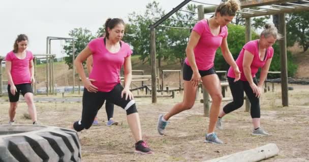 Side View Happy Multi Ethnic Group Female Friends Enjoying Exercising — Stock Video