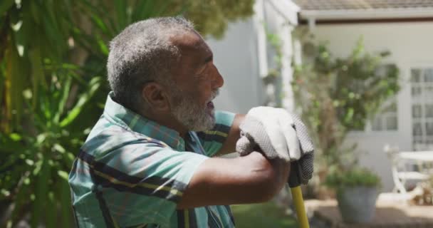 Vista Lateral Afro Americano Sênior Divertindo Jardim Apoiando Uma Olhando — Vídeo de Stock
