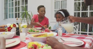 Afro-Amerikan bir ailenin bahçede iyi vakit geçirmesini, üzerinde yemek olan bir masanın yanında oturmasını, güneşli bir günde, yavaş çekimde bir adamın bardağa limonata doldurmasını.