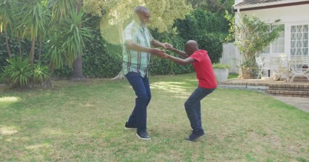在阳光灿烂 动作缓慢的日子里 一位资深混血男子与儿子手牵手 手舞足蹈 在花园里玩得很开心的侧影 — 图库视频影像