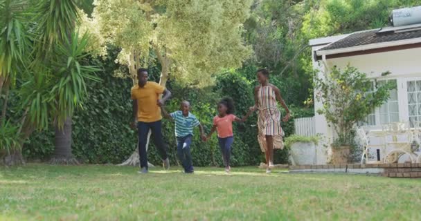 在阳光灿烂 动作缓慢的日子里 一代代多民族家庭在花园里玩得开心 牵着手 笑着的正面景象 — 图库视频影像