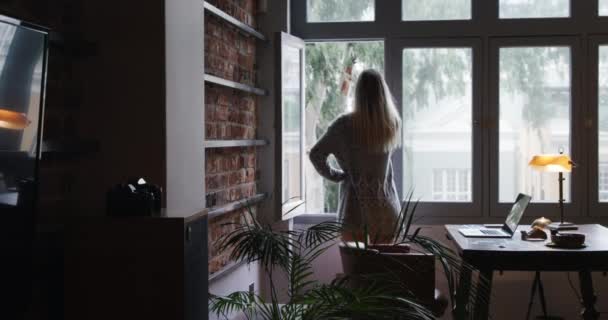 Rückansicht Der Attraktiven Kaukasischen Frau Mit Langen Blonden Haaren Die — Stockvideo