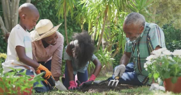 在阳光灿烂的日子里 一个多代多族家庭在花园里欢度时光 用铲子和耙在地里挖掘 慢吞吞地向前看的场景 — 图库视频影像