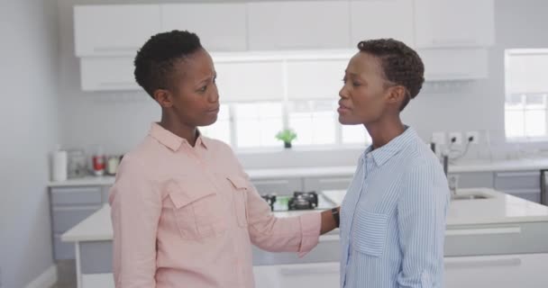 一个非洲裔美国女人慢吞吞地站在公寓里拥抱妹妹的侧影 — 图库视频影像