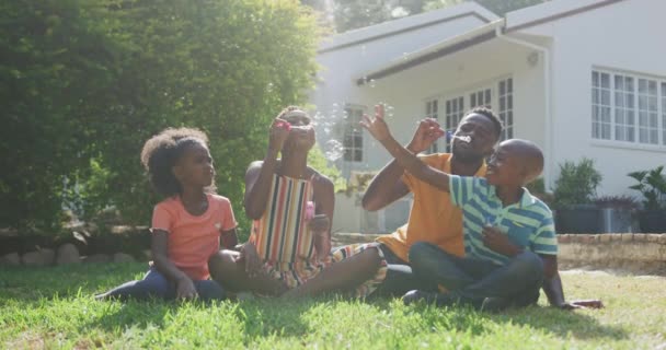 Front View African American Family Having Good Time Garden Sitting — Stock Video