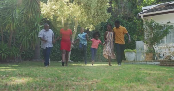 Vista Frontal Una Familia Multiétnica Multigeneracional Pasándola Bien Jardín Corriendo — Vídeo de stock