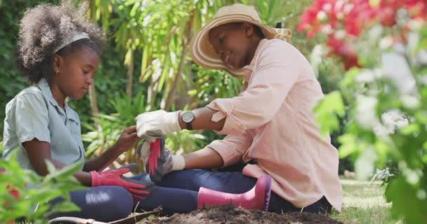 Vista Laterale Una Donna Afroamericana Che Diverte Giardino Inginocchiandosi Aiutando — Video Stock