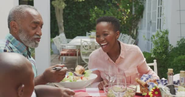 Vue Latérale Une Famille Multiethnique Multigénérationnelle Amuser Dans Jardin Assise — Video