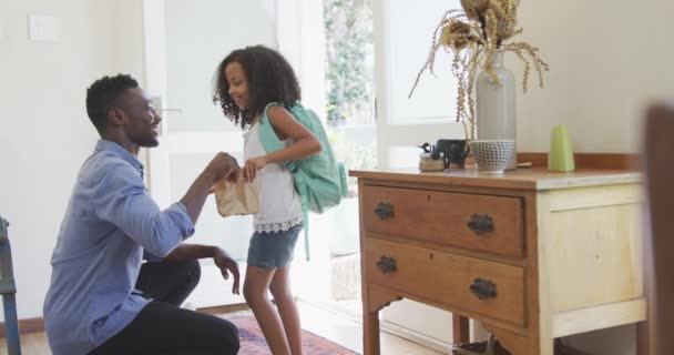 아프리카 미국인 남자와 집에서 시간을 보내는 남자가 딸에게 종이봉투를 — 비디오