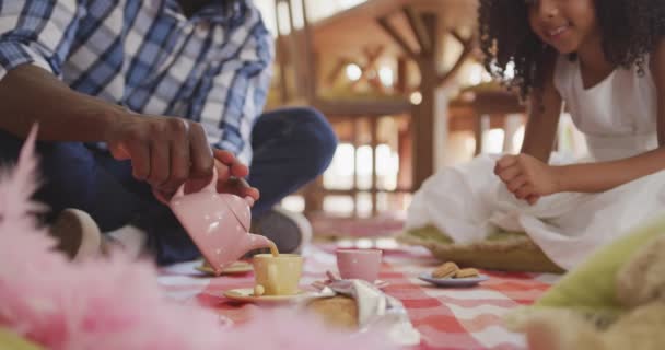 Vista Frontal Hombre Afroamericano Hija Raza Mixta Disfrutando Tiempo Casa — Vídeos de Stock