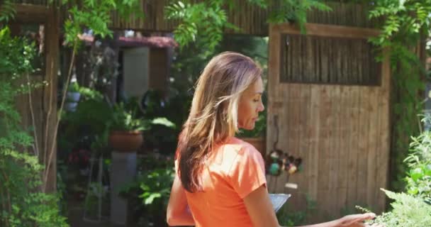 一个白种人女人穿着一件橙色T恤 走在阳光灿烂的花园里 触摸着植物的叶子 使用平板电脑 动作缓慢 — 图库视频影像