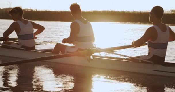 四个白人男子划艇手在赛艇练习中 坐在船里 日落时划船 动作缓慢的侧视图 — 图库视频影像