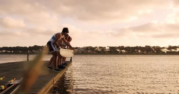 Side View Four Caucasian Male Rowers Standing Row Jetty Holding — Stock Video