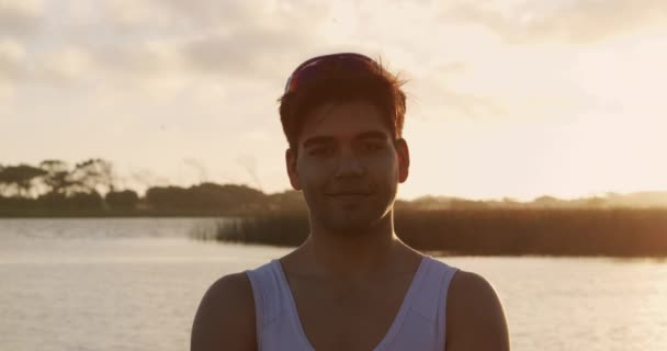 Portrait Caucasian Male Rower Standing Jetty Looking Camera Smiling Sunset — Stock Video