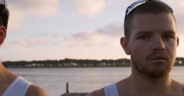 Front View Two Caucasian Male Rowers Standing Each Other Jetty — Stock Video