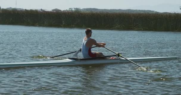 Side View Caucasian Male Rower Rowing Practice Sitting Boat Rowing — Stock Video