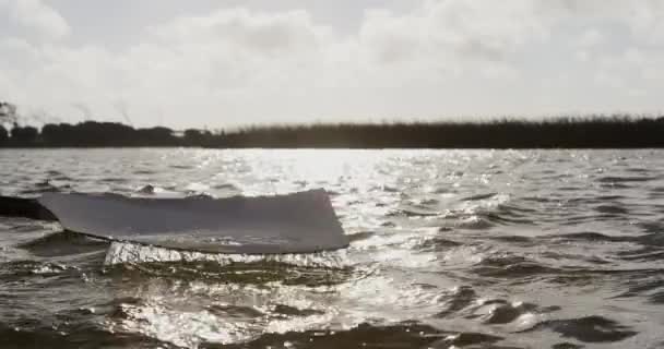 Close Detail Van Een Witte Roeispaan Uit Het Water Tijdens — Stockvideo