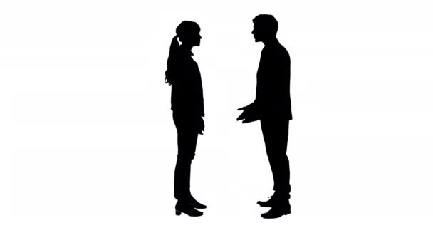 Side View Businesswoman Businessman Silhouettes Standing Discussing Deal Shaking Hands — Stock Video