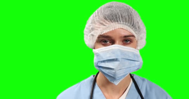 Portrait Caucasian Female Doctor Wearing Face Mask Surgical Cap Looking — Stock Video