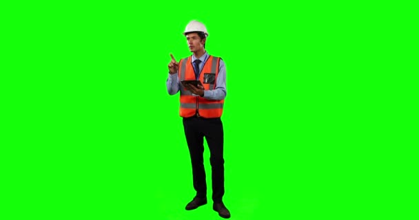 Vue Face Homme Caucasien Portant Casque Gilet Haute Visibilité Comptant — Video