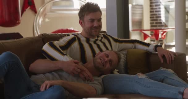 Happy Caucasian Male Same Sex Couple Relaxing Home Together Living — Stock Video