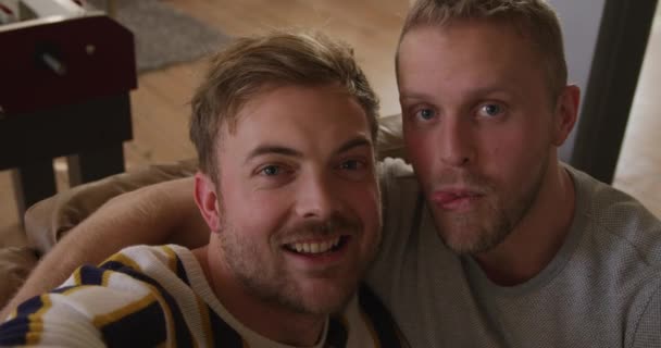 High Angle Portrait Close Happy Caucasian Male Same Sex Couple — Stock Video